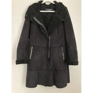 French Connection Faux Shearling Hooded Coat Jacket SMALL Black